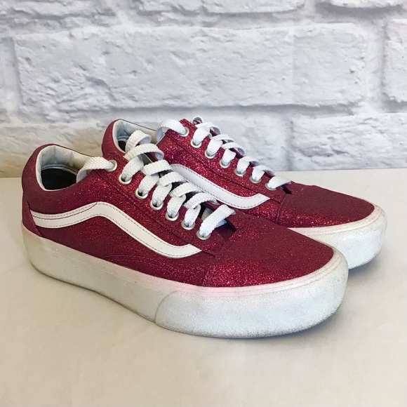 Vans 9.5 Platform Old Skool Sneakers Women’s Tennis Shoes Magenta Glitter Purple - Picture 2 of 12